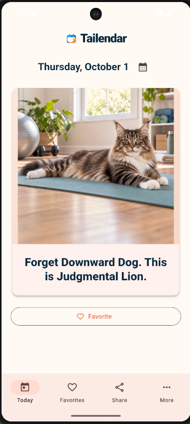 Tailendar production app showing a daily cat experience